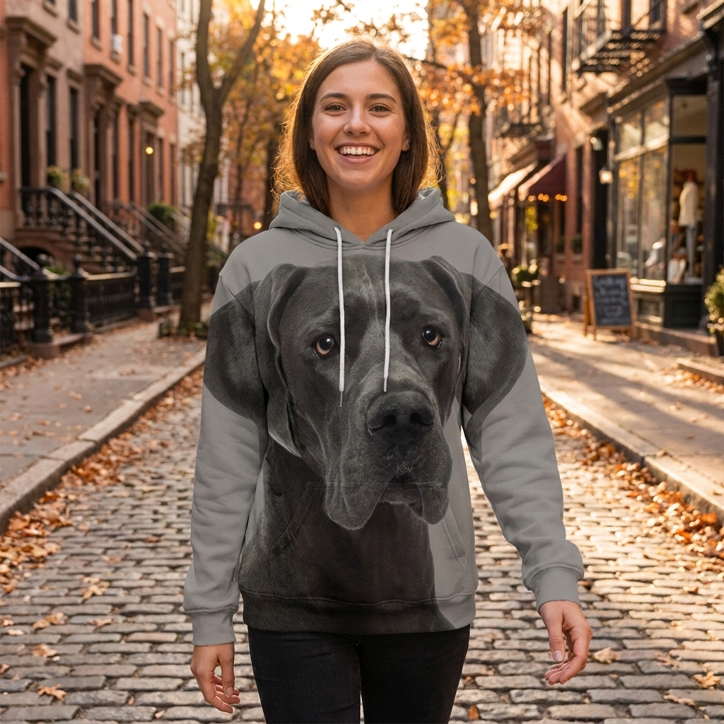 Woman wearing the Great Dane big face print hoodie on an autumn street