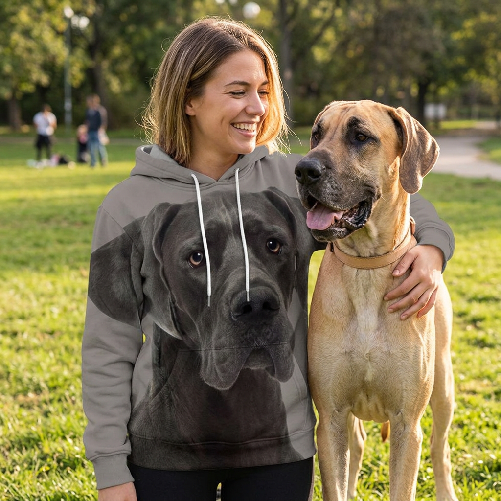 Woman in the Great Dane big face hoodie with her Great Dane in a park