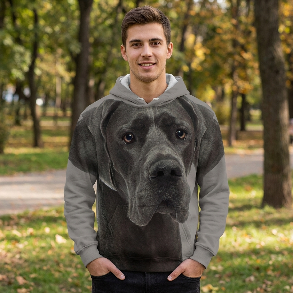 Man wearing the Great Dane big face print hoodie outdoors