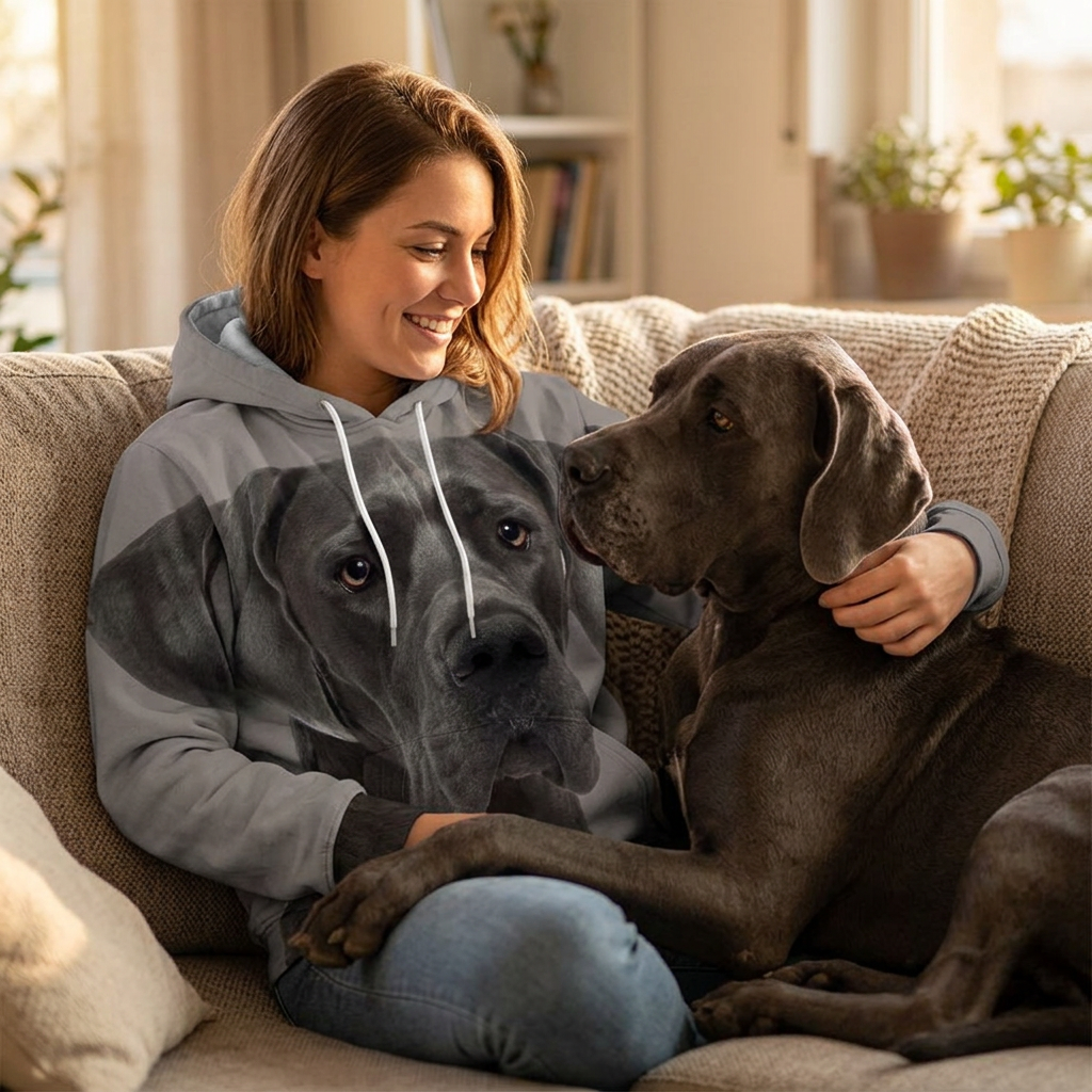 Woman in the Great Dane big face hoodie relaxing on a couch with her Great Dane