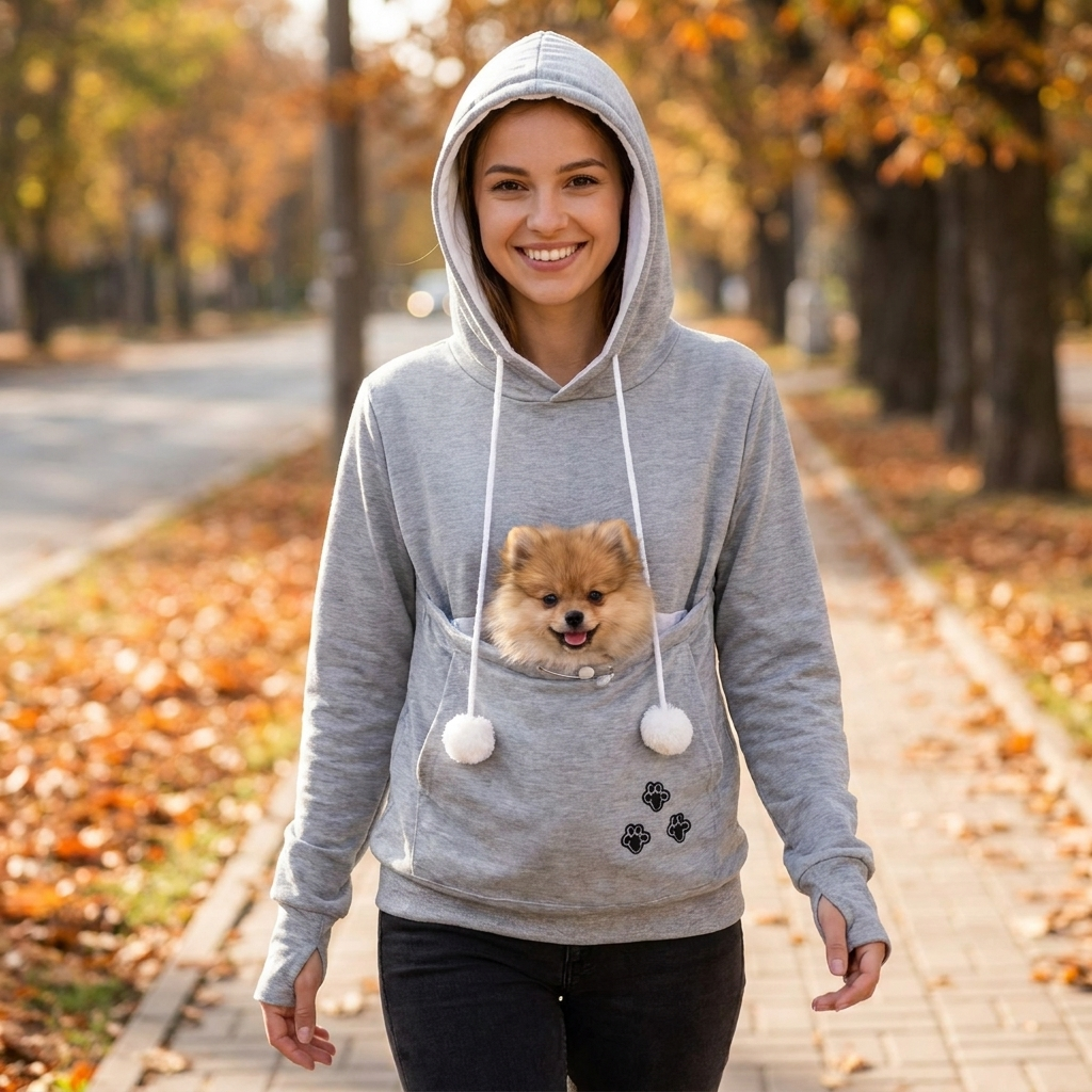 Woman walking with her Pomeranian in the grey Nook dog carrier hoodie