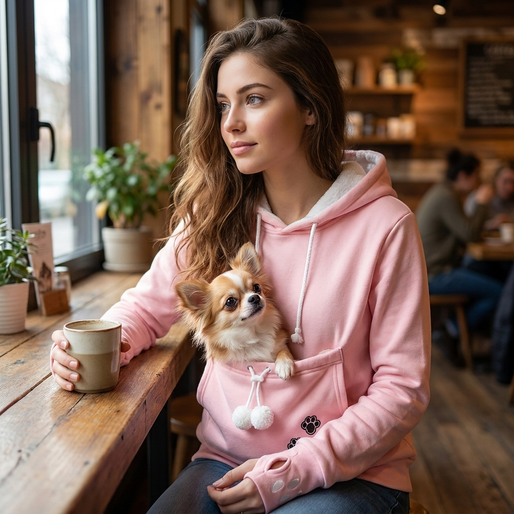 Woman at a cafe with her Chihuahua in the pink Nook dog carrier hoodie