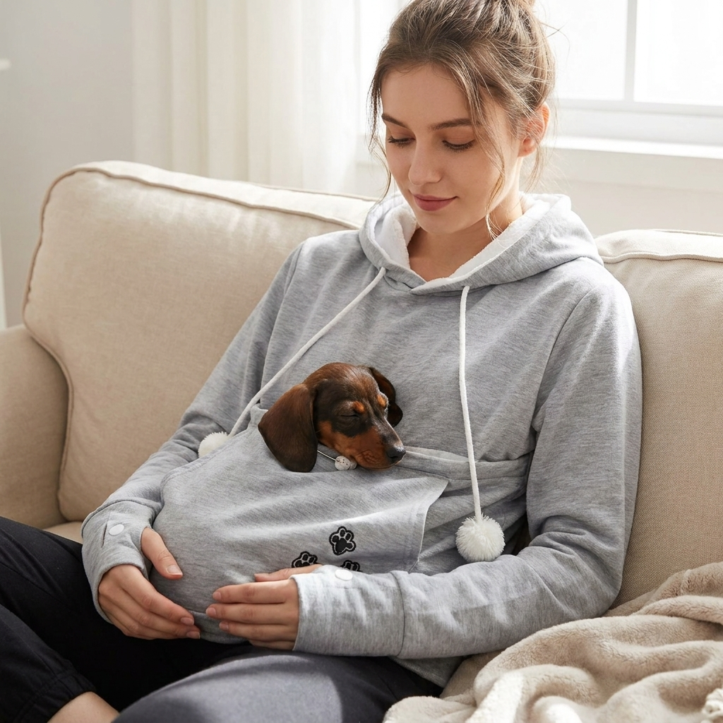 Woman relaxing on a couch with her Dachshund in the grey Nook dog carrier hoodie