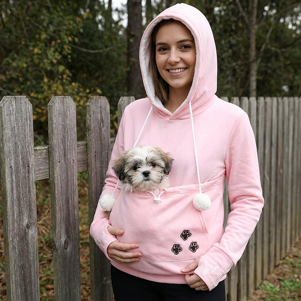 Woman outdoors with her Shih Tzu in the pink Nook dog carrier hoodie