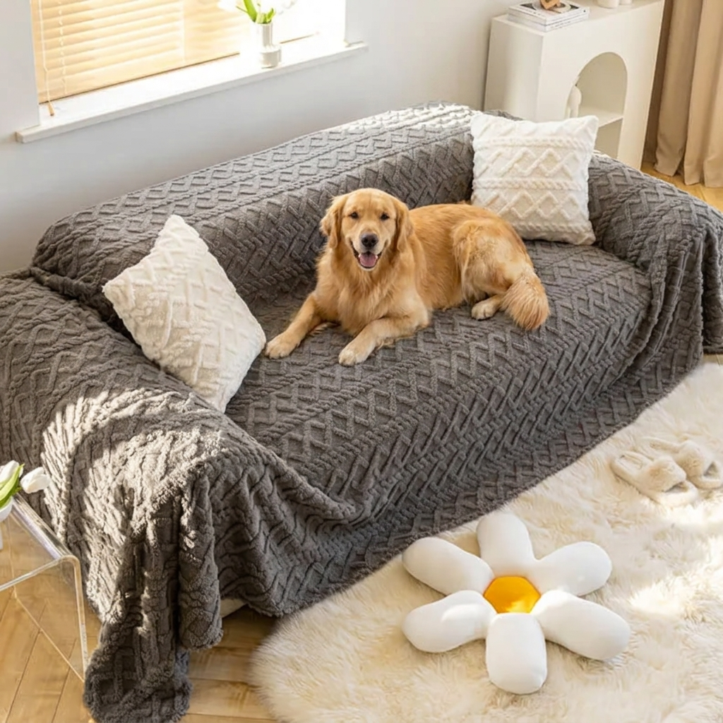 Golden Retriever resting on the gray Hearth fleece sofa cover