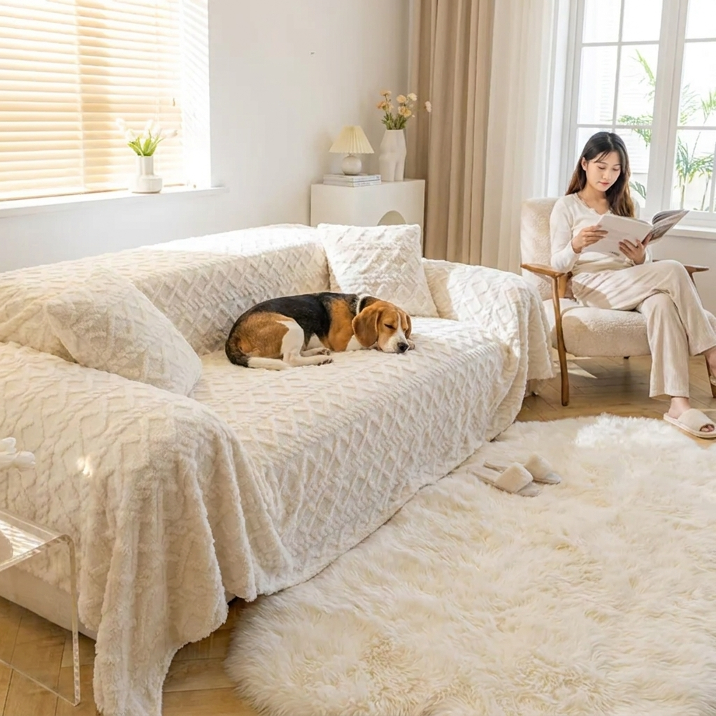 Beagle napping on the beige Hearth fleece sofa cover