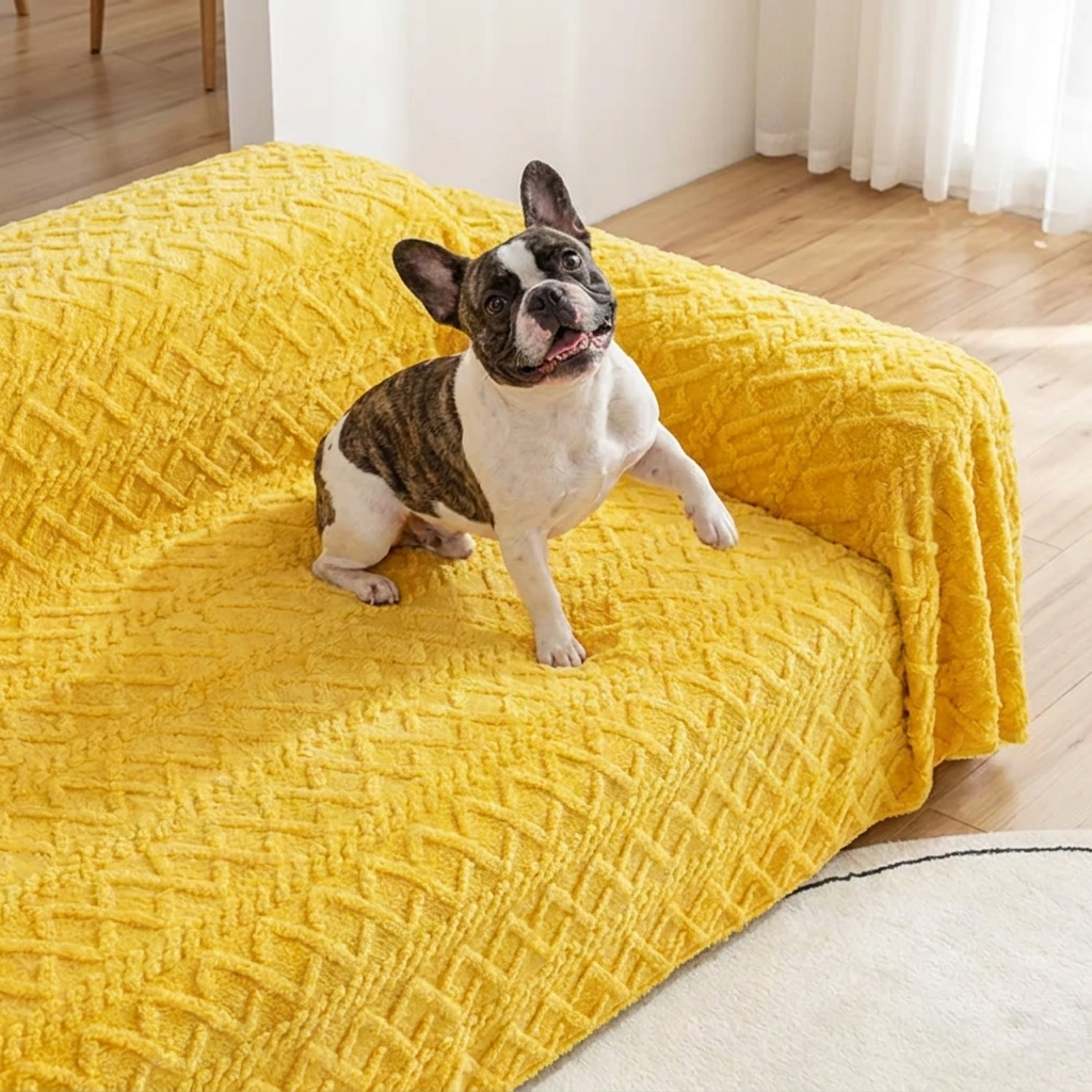 French Bulldog on the yellow Hearth fleece sofa cover