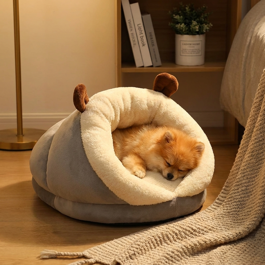 Pomeranian asleep in the gray Loafer slipper dog bed