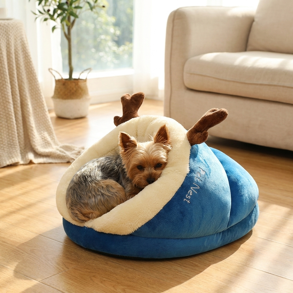 Yorkshire Terrier in the blue Loafer slipper dog bed
