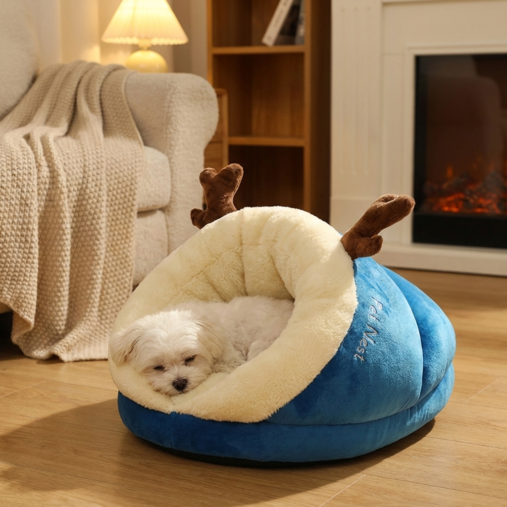 Maltese curled in the blue Loafer slipper dog bed