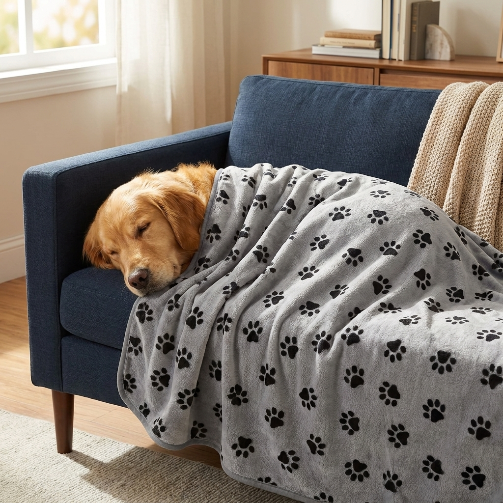 Golden Retriever resting on the Cuddle gray paw-print dog blanket