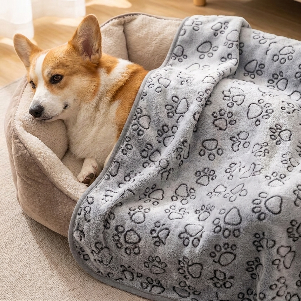 Corgi on the Cuddle paw-print dog blanket in a dog bed
