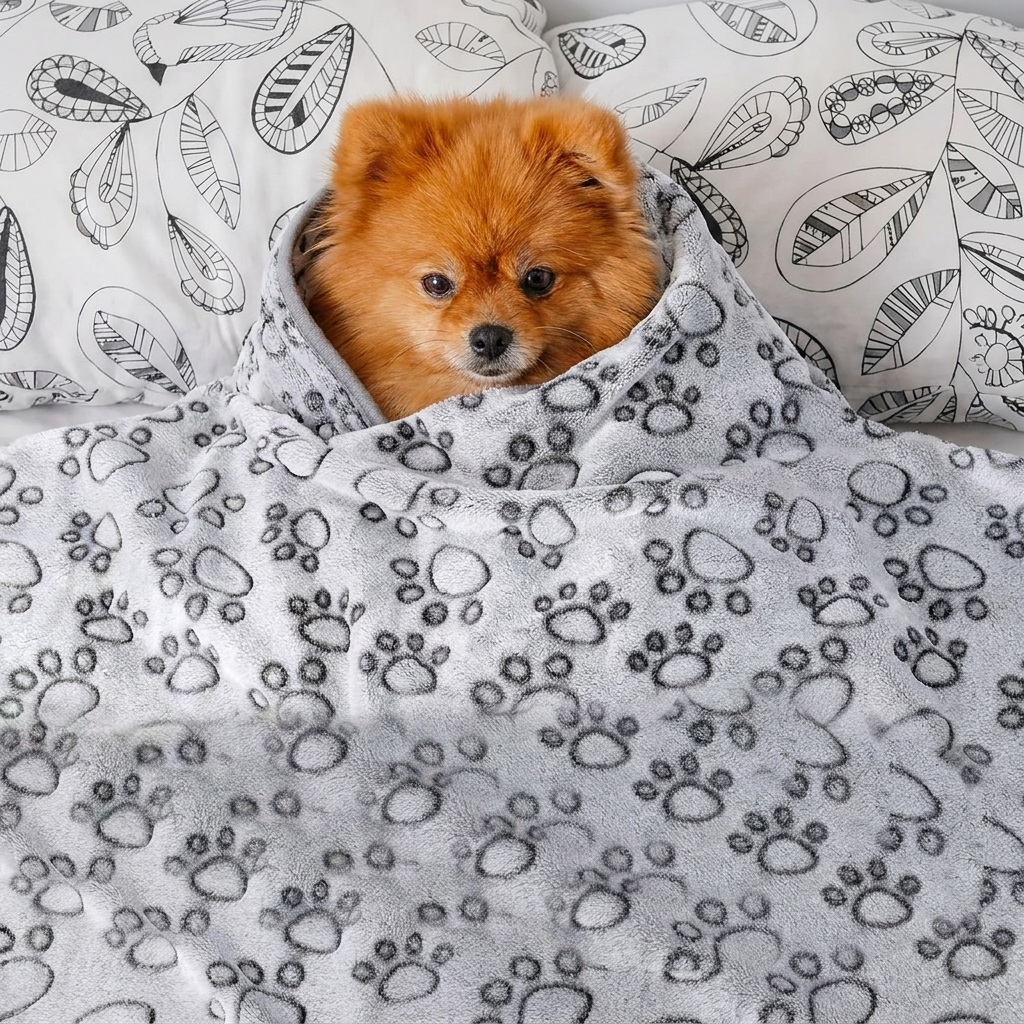 Pomeranian wrapped in the Cuddle paw-print dog blanket