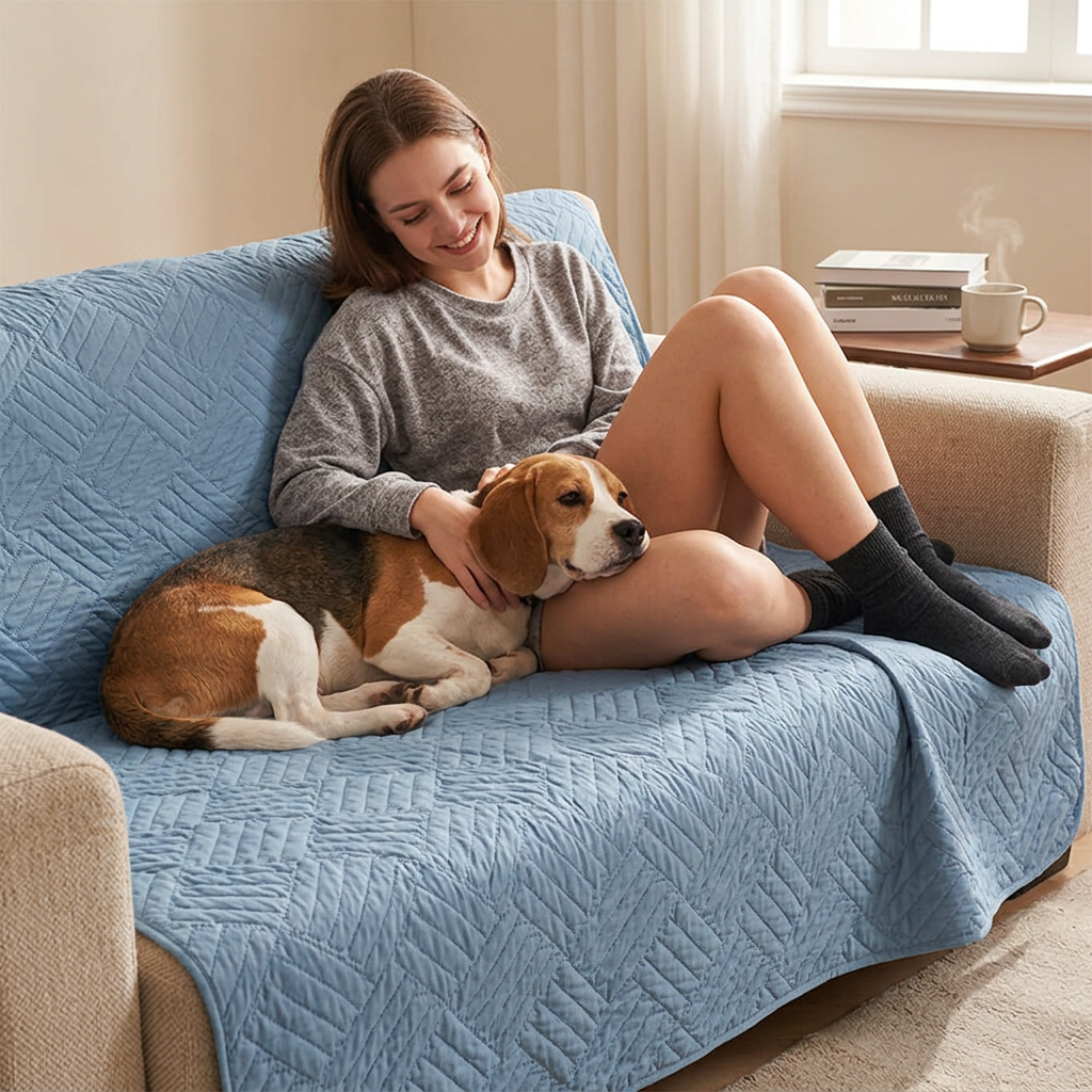 Woman and Beagle on the blue Shield waterproof dog blanket