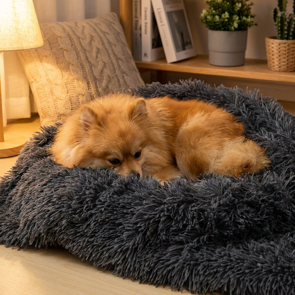 Pomeranian on the dark grey Velvet plush dog blanket