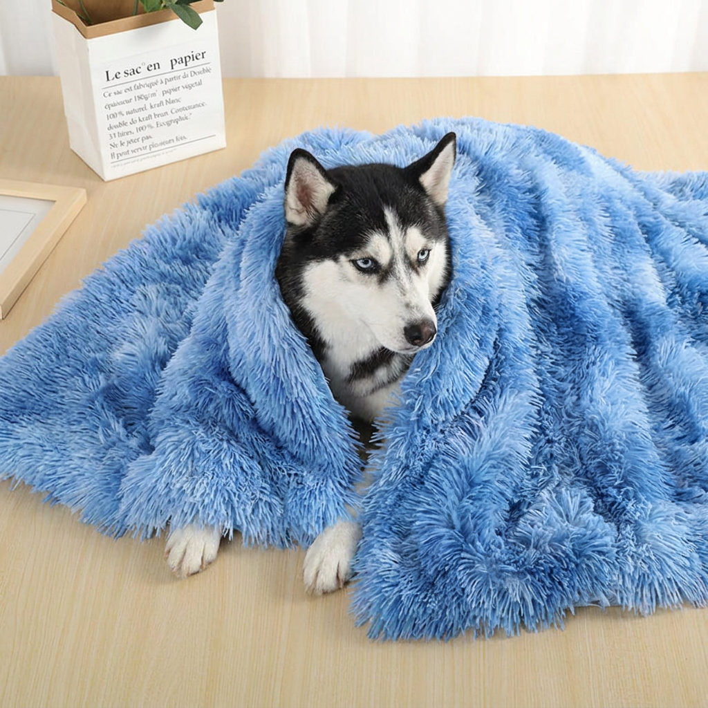 Husky wrapped in the blue Velvet plush dog blanket