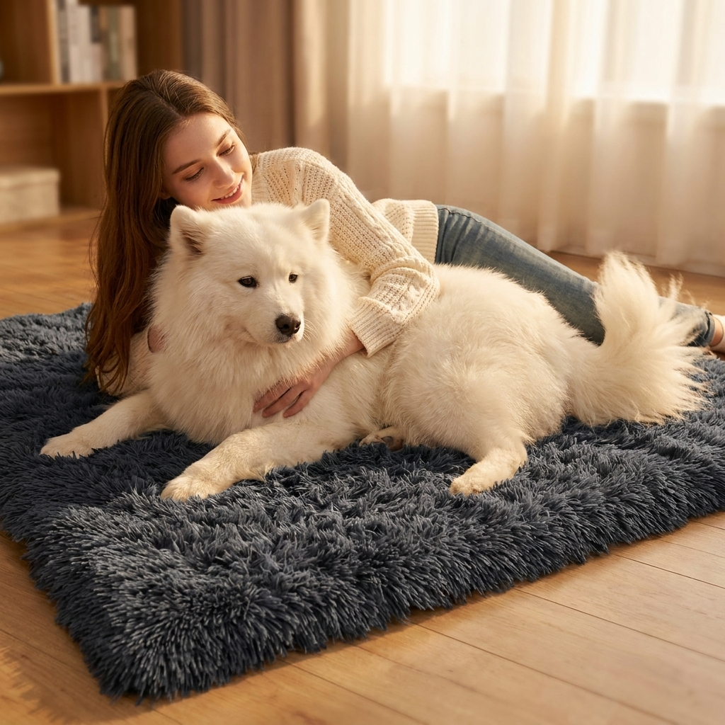 Woman and Samoyed on the dark grey Velvet plush dog blanket