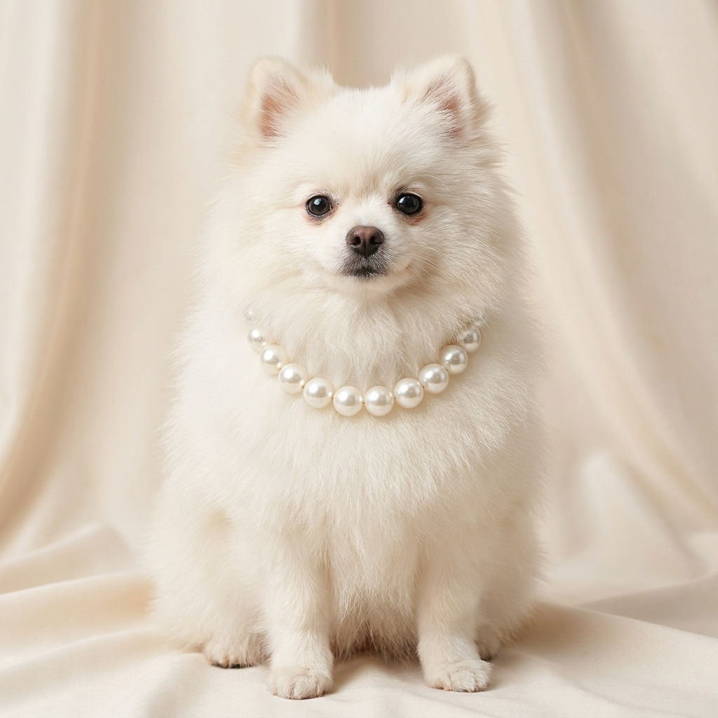 White Pomeranian wearing the Coco white pearl dog necklace
