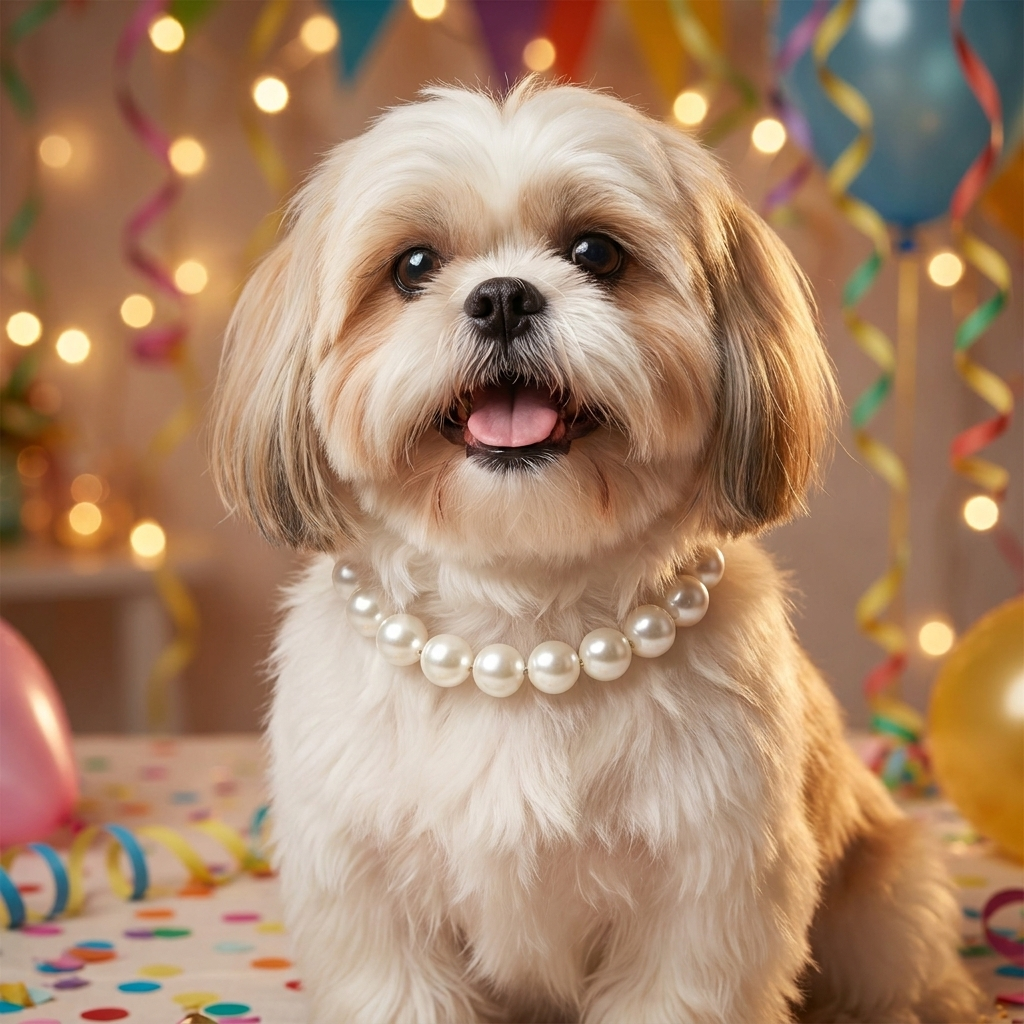 Shih Tzu wearing the Coco white pearl dog necklace