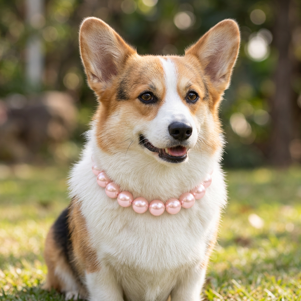 Corgi wearing the Coco pink pearl dog necklace