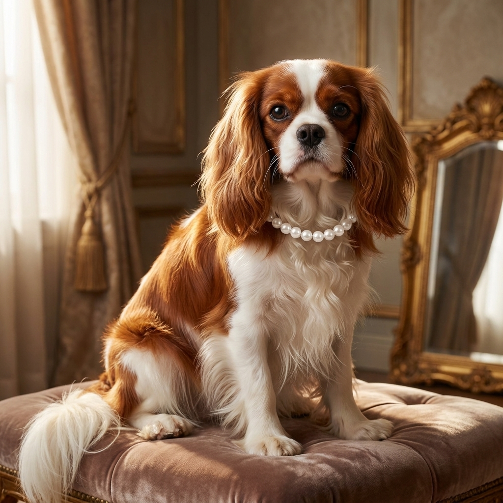 Cavalier wearing the Coco white pearl dog necklace