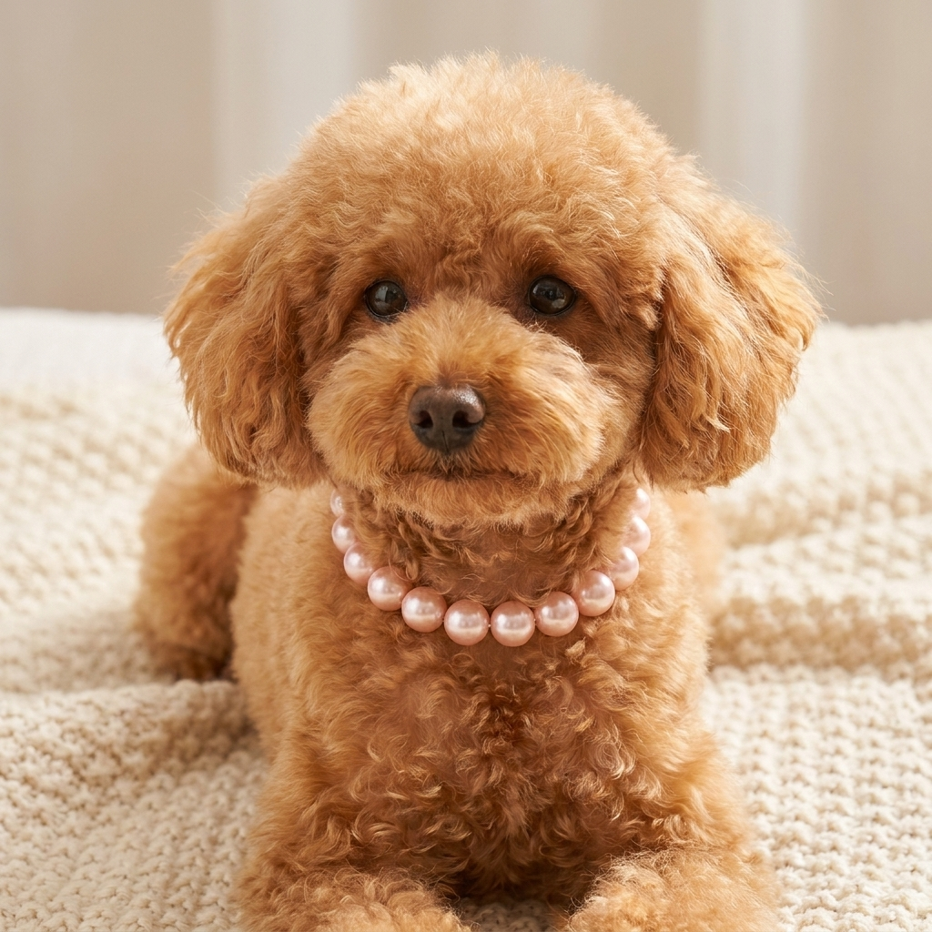 Poodle wearing the Coco pink pearl dog necklace