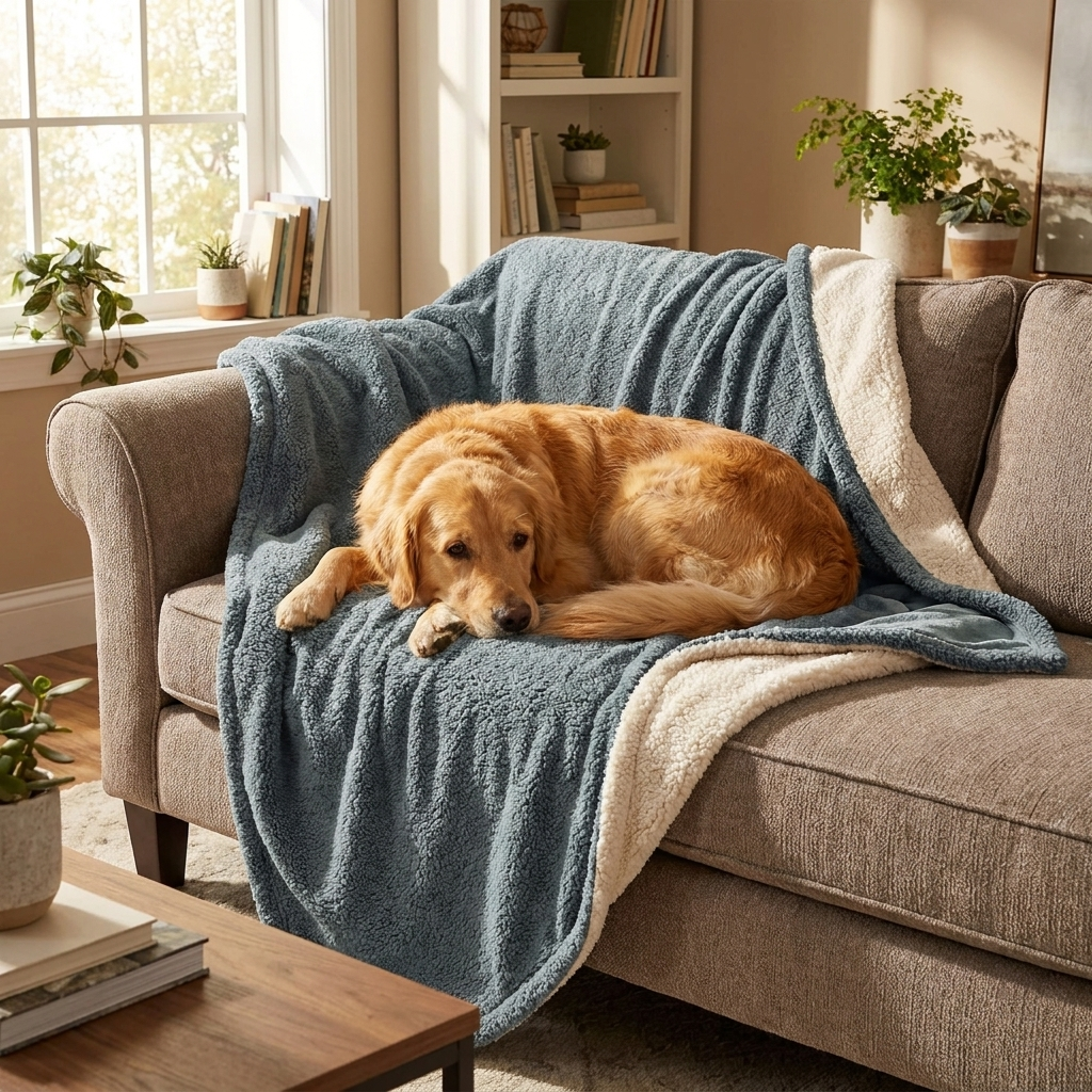 Golden Retriever on the grey Cabin sherpa dog blanket