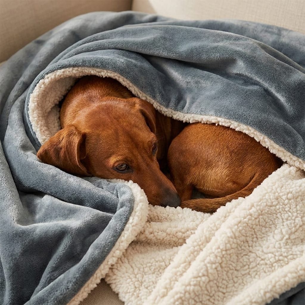 Dachshund snuggled in the grey Cabin sherpa dog blanket
