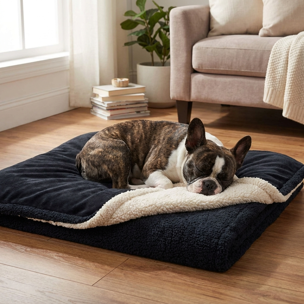 French Bulldog on the black Cabin sherpa dog blanket