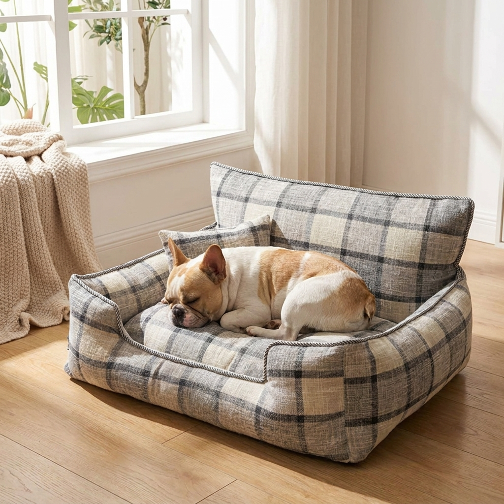 Baxter Plaid Dog Sofa Bed – grey plaid bed with French Bulldog asleep by window