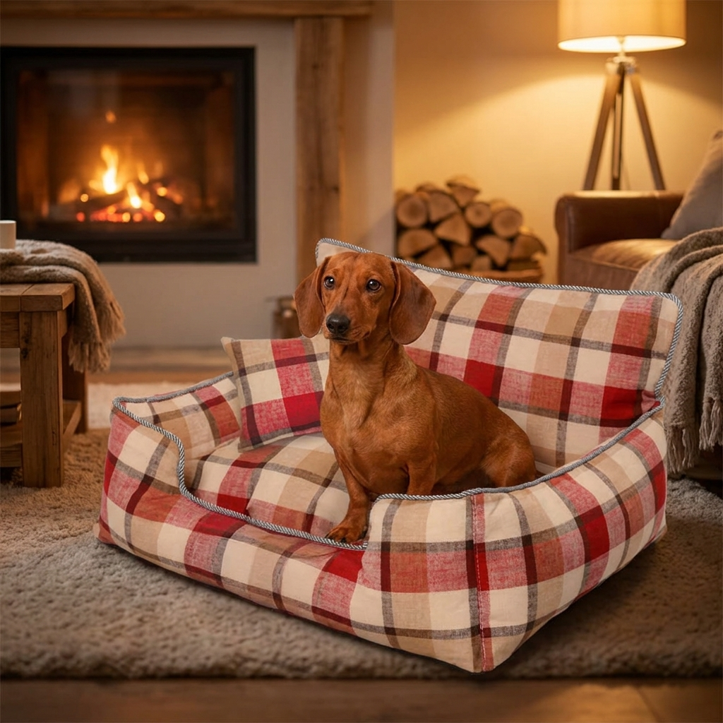 Baxter Plaid Dog Sofa Bed – red plaid bed with Dachshund by the fireplace