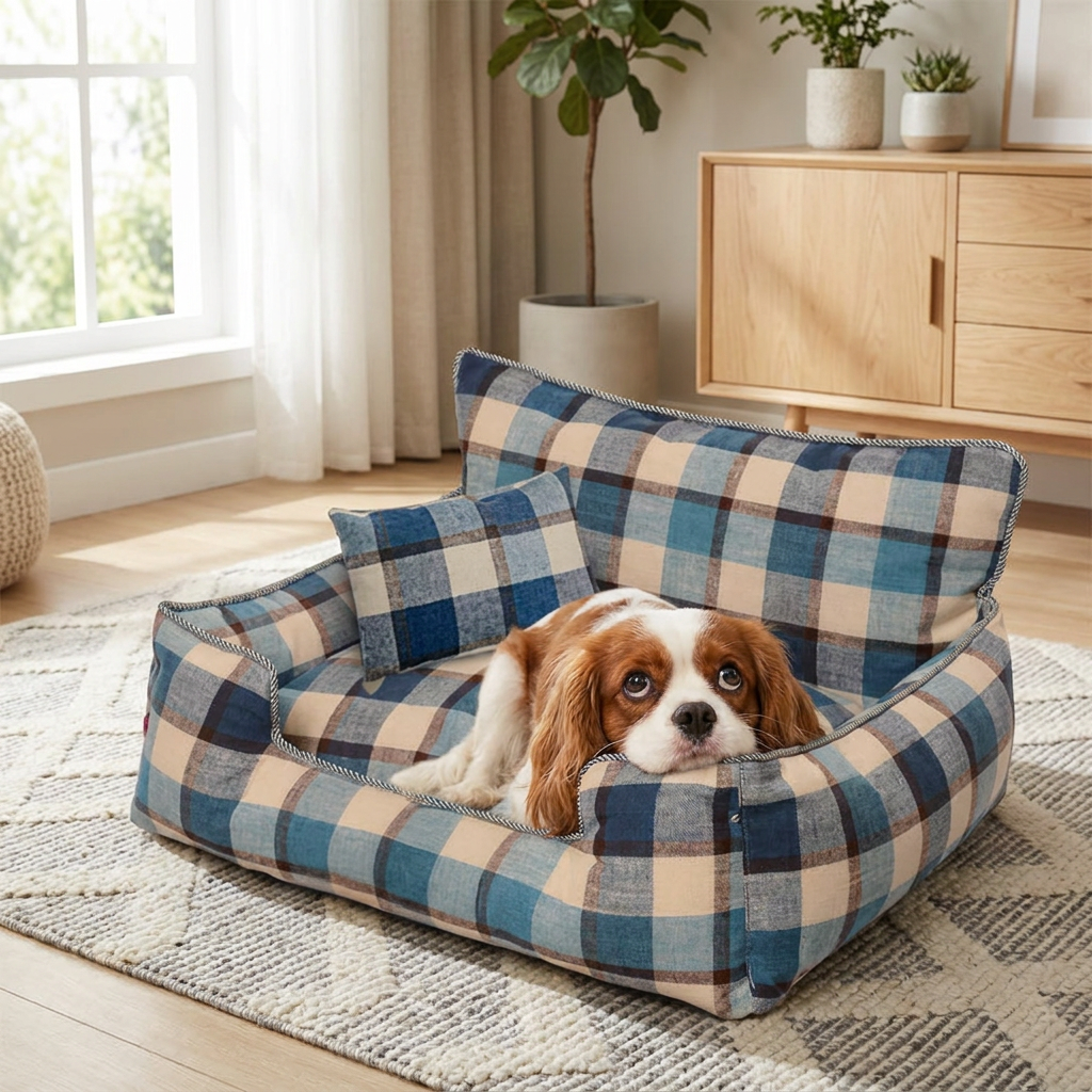 Baxter Plaid Dog Sofa Bed – blue plaid bed with Cavalier resting its chin on the bolster