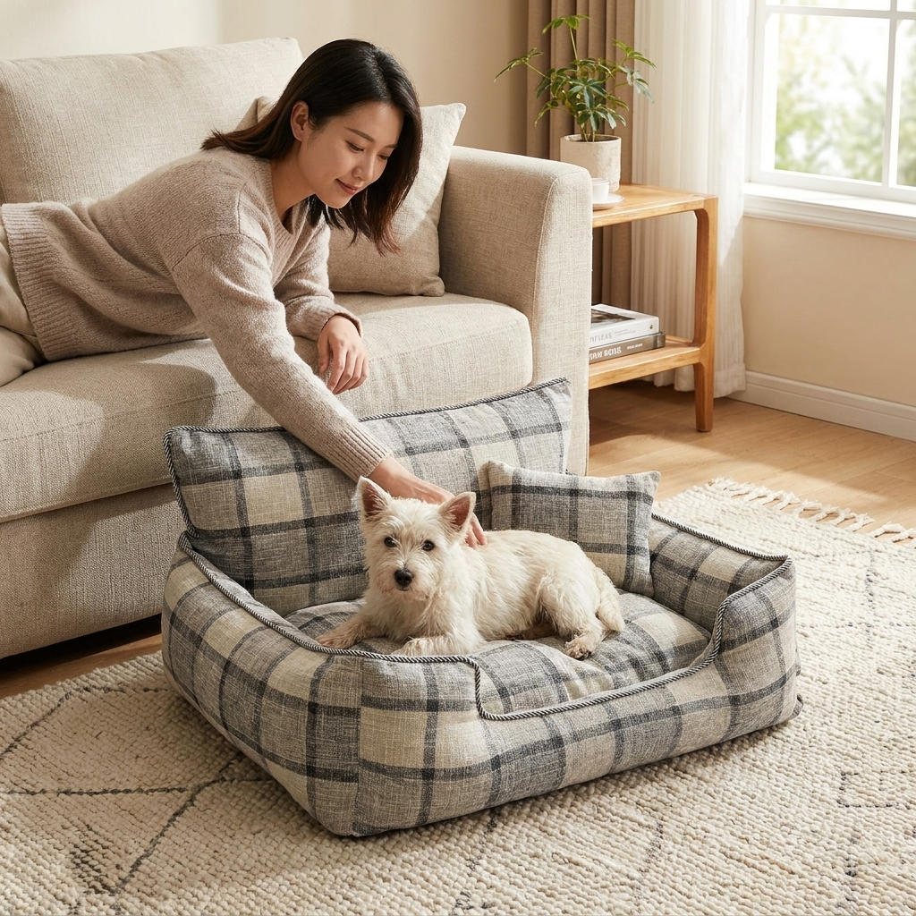 Baxter Plaid Dog Sofa Bed – grey plaid bed with white terrier being petted by owner