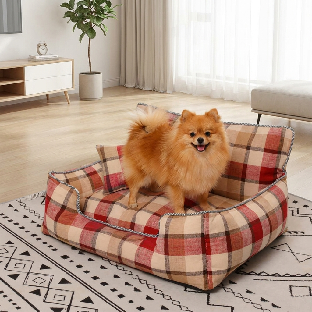 Baxter Plaid Dog Sofa Bed – red plaid bed with happy Pomeranian standing