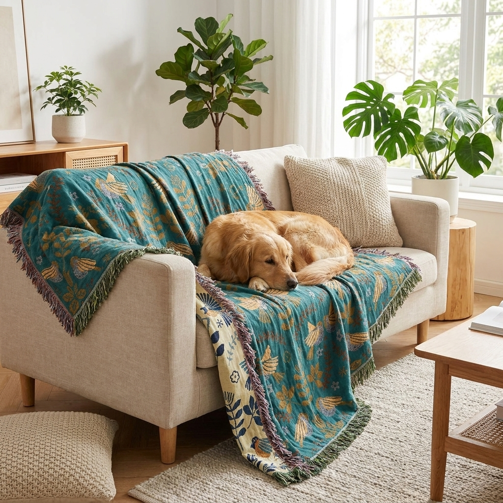 Wren Scandinavian Bird Throw – teal bird throw draped over a sofa with a dog resting