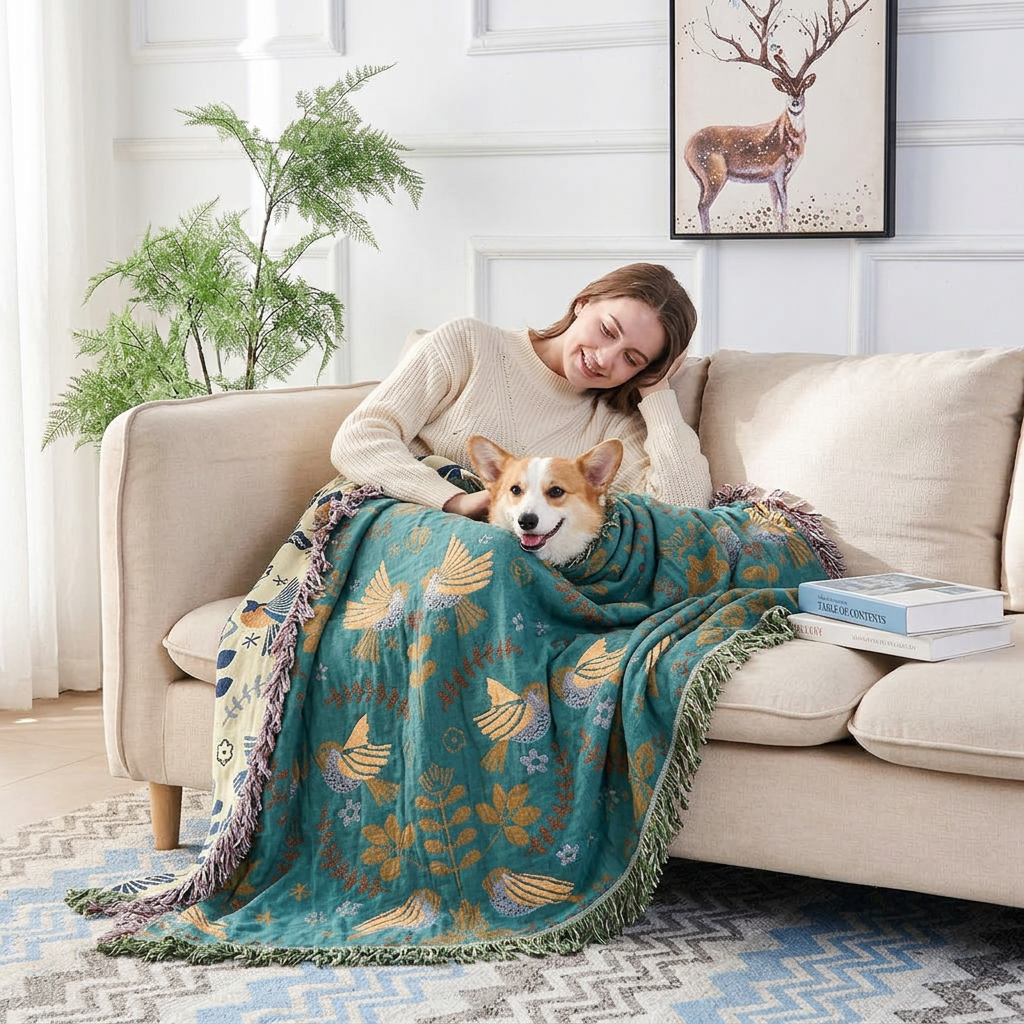 Wren Scandinavian Bird Throw – woman on a sofa wrapped in the throw with her Corgi
