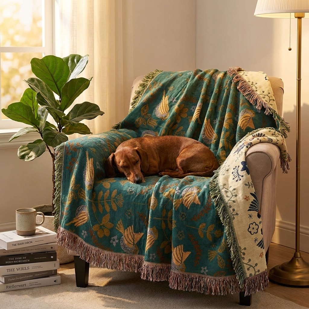 Wren Scandinavian Bird Throw – Dachshund napping on the throw folded over an armchair