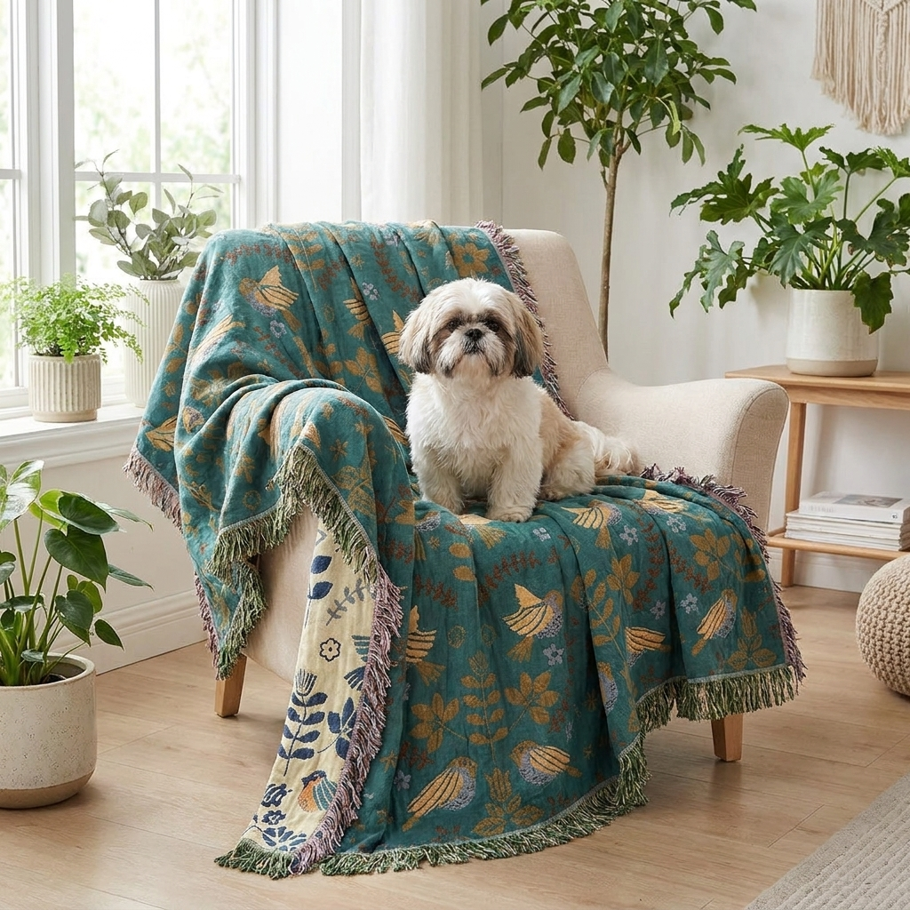 Wren Scandinavian Bird Throw – Shih Tzu on the throw draped over a reading chair