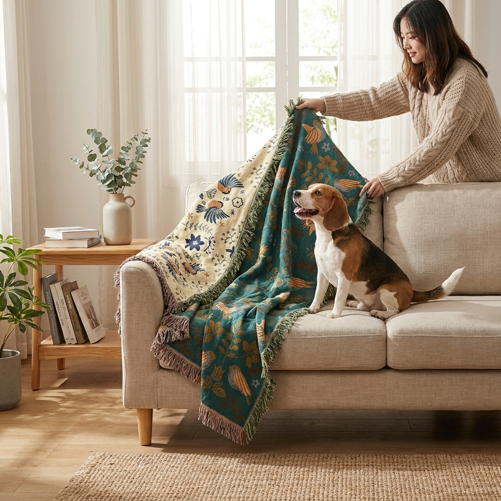 Wren Scandinavian Bird Throw – woman draping the throw over a sofa with her Beagle