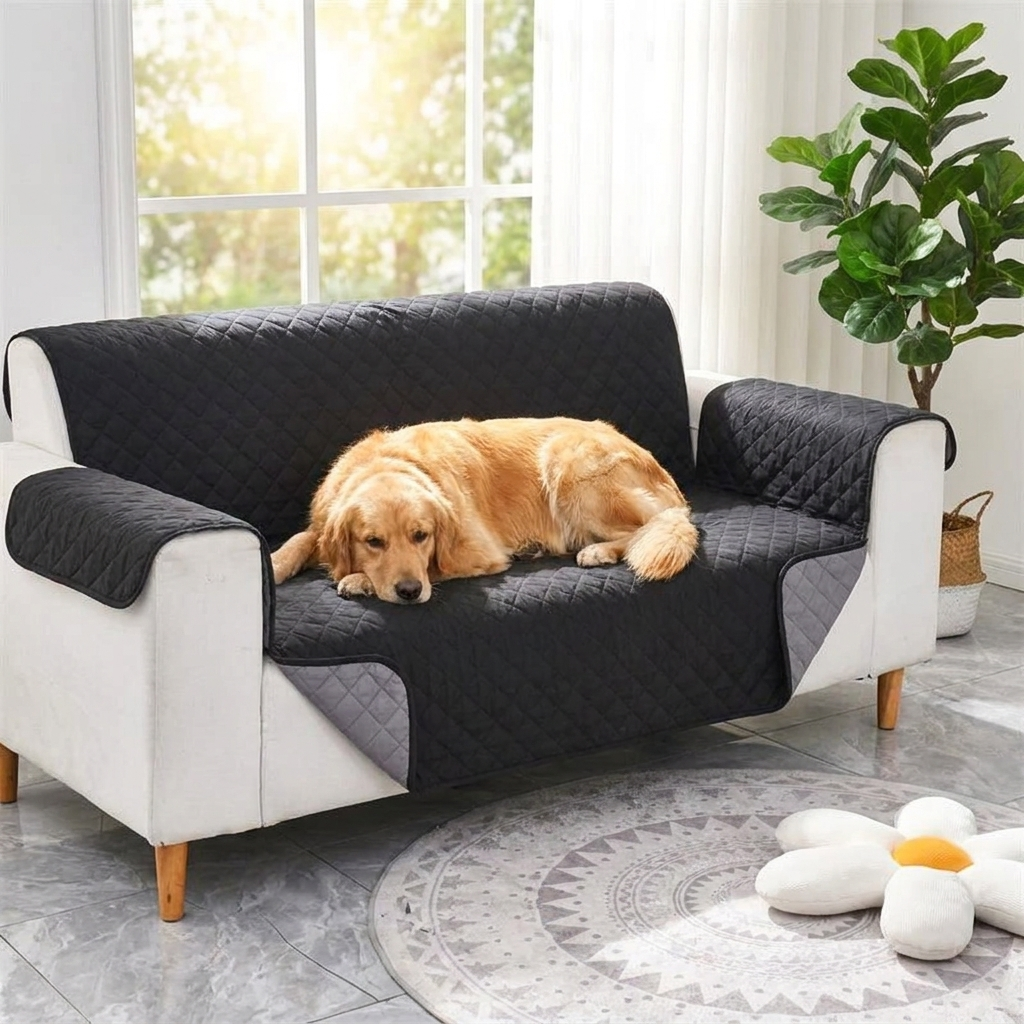 Otter Waterproof Dog Blanket – black quilted protector on a sofa with a Golden Retriever