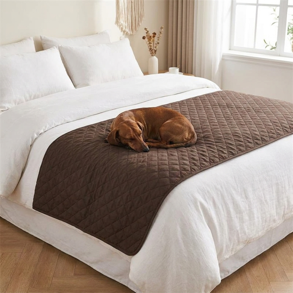 Otter Waterproof Dog Blanket – brown quilted protector on a bed with a Dachshund