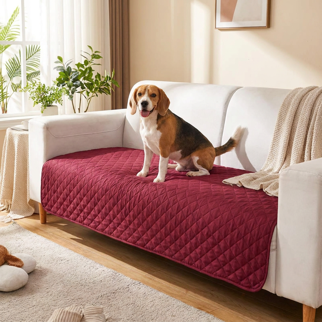 Otter Waterproof Dog Blanket – red quilted protector on a sofa with a Beagle