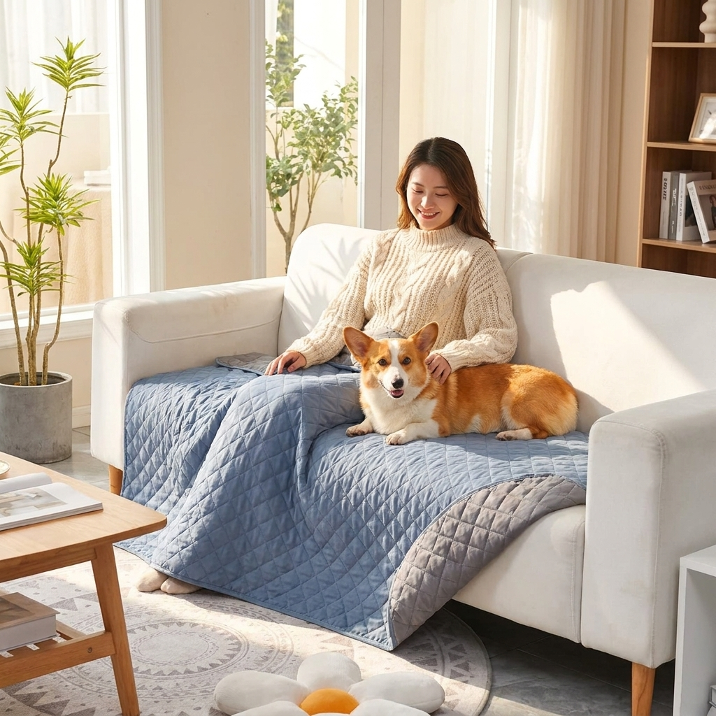 Otter Waterproof Dog Blanket – blue quilted protector on a sofa with a woman and her Corgi