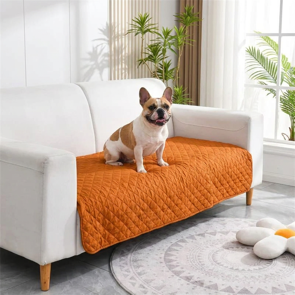 Otter Waterproof Dog Blanket – orange quilted protector on a sofa with a French Bulldog