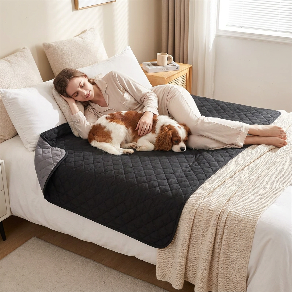 Otter Waterproof Dog Blanket – black quilted protector on a bed with a woman and her Cavalier