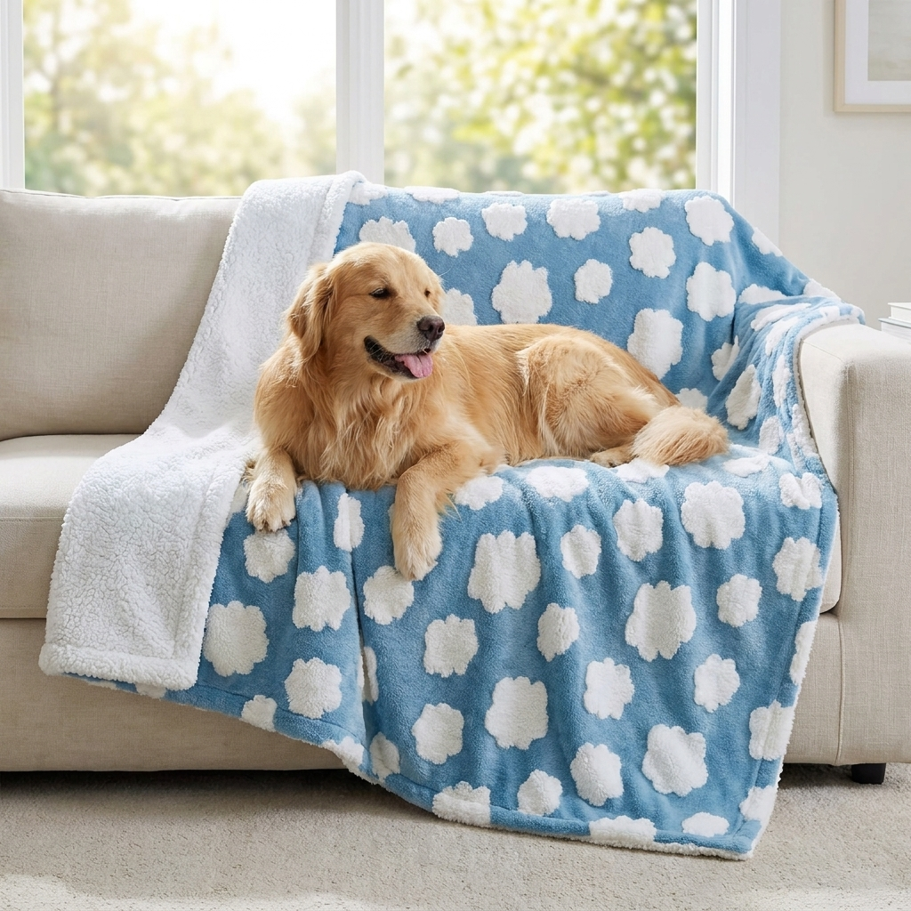 Nimbus Waterproof Sherpa Dog Blanket – blue clouds print on a sofa with a Golden Retriever