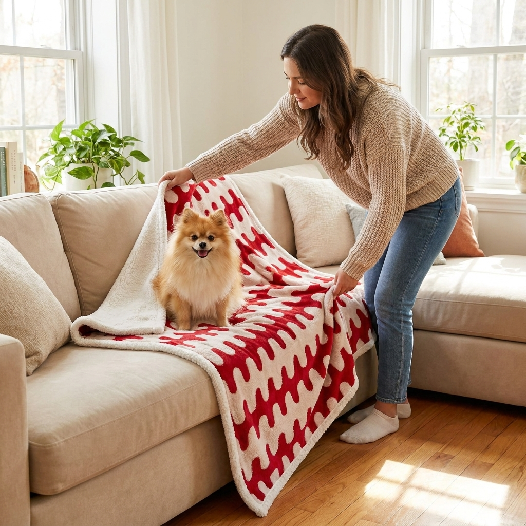 Nimbus Waterproof Sherpa Dog Blanket – red wave print with a woman and her Pomeranian
