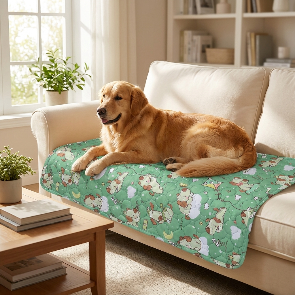 Doodle Waterproof Dog Blanket – Dog print with a Golden Retriever on a sofa