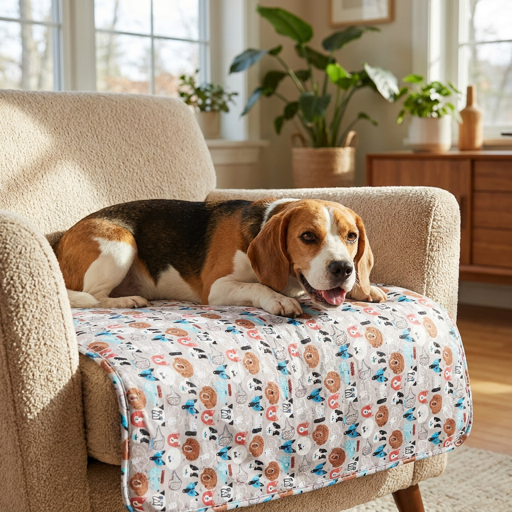 Doodle Waterproof Dog Blanket – Animal print on an armchair with a Beagle