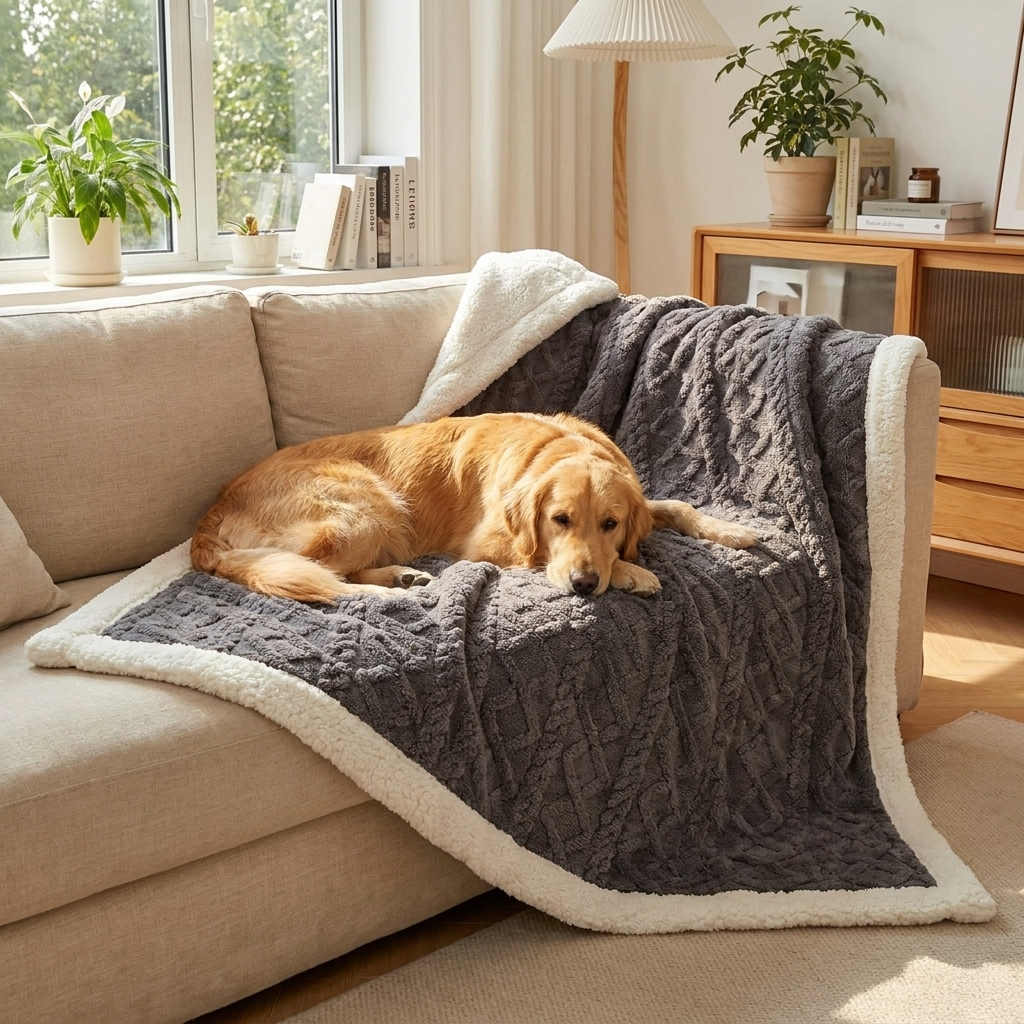 Sunday Reversible Sherpa Throw – charcoal throw on a sofa with a Golden Retriever